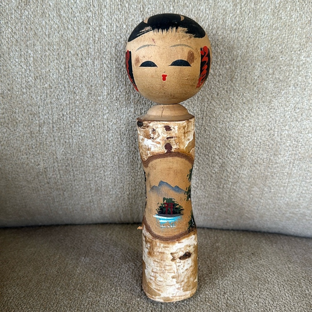 Vintage 1950s Hand Carved & Hand Painted Japanese Kokeshi Doll 7”